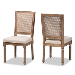 Baxton Studio Louane Traditional French Inspired Beige Fabric Upholstered and Antique Brown Finished Wood 2-Piece Dining Chair Set with Rattan